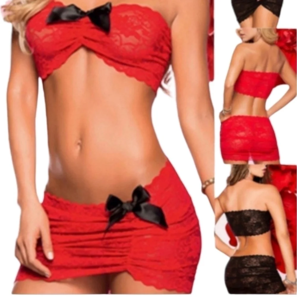 Sexy Top+ Skirt Lingerie Lace Bowknot Red